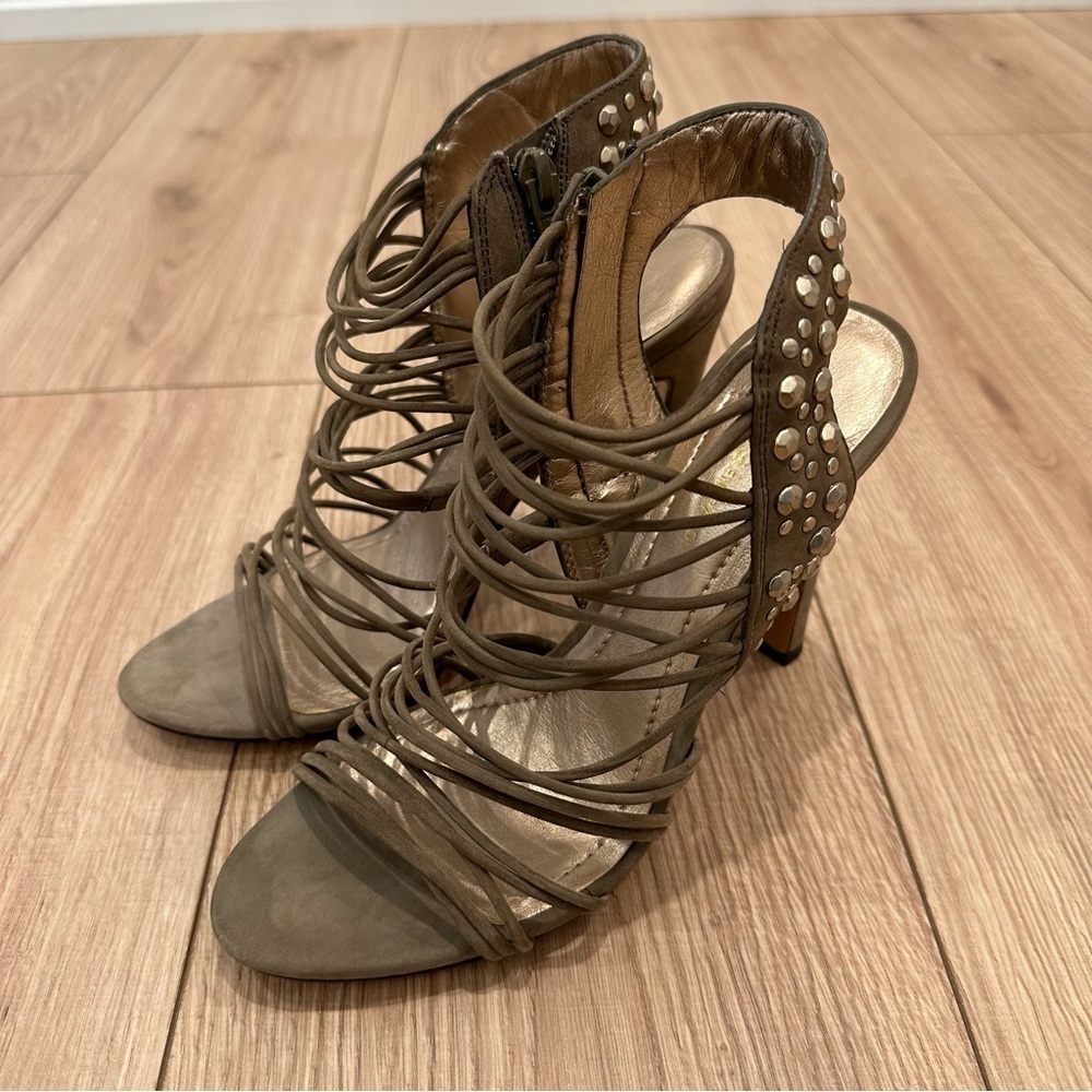 NWT BCBGeneration Pasha High Heel Sandals Dark Moss Kidskin Suede Studded - Picture 3 of 12